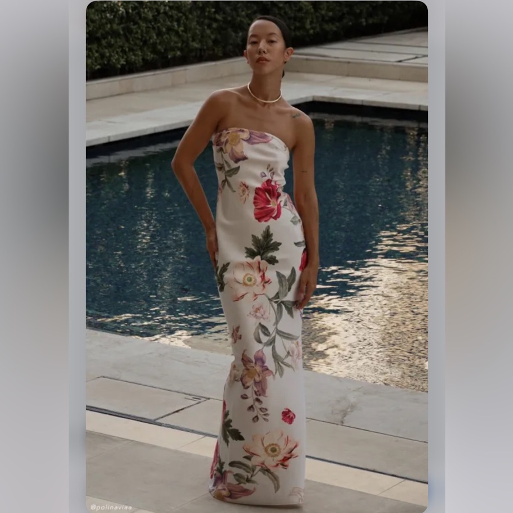 Meshki Claudette Strapless Satin Maxi Dress - Bella Rosa Print